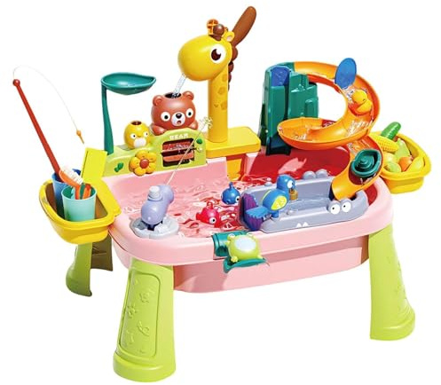 3-in-1 Wasserspieltisch für Kleinkinder 1-5 Jahre, Kinder Wassertisch mit Giraffen Wasserhahn, Angelspiel & Rutsche, Indoor & Outdoor Sommer-Wasserspielzeug Lerntisch für Garten & Kinderzimmer
