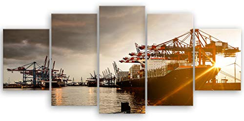 ge Bildet Bild auf Leinwand | Hamburger Hafen in 150x70 cm mehrteilig als Wandbild XXL | Wand-deko Dekoration Wohnung modern Bilder | 1246