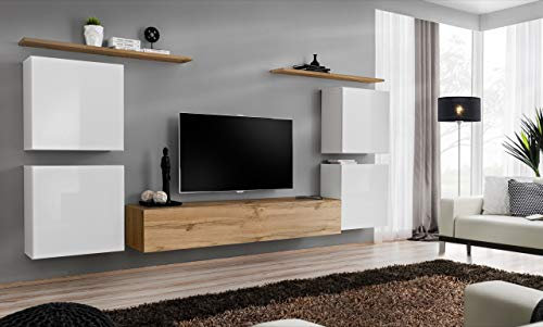 All4All Wohnwand SW 4 - Wohnzimmermöbel - Schrankwand für Wohnzimmer - Wohnzimmerschrank - Anbauwand Wohnwand Hängend - Modern - Weiß+Wotan 21