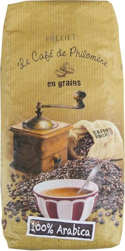 CAFÉS FOLLIET - Café En Grains - Philomène - Torréfaction lente - Intensité 9/10-100% Arabica - Café vert - Amérique Centrale, Afrique & Asie - 1kg