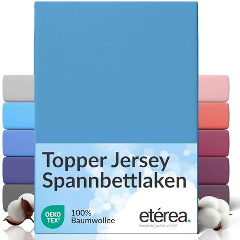 etérea Jersey Topper Spannbettlaken 180x200-200x200 cm Hellblau 5-10cm | 100% Baumwolle Jersey Spannbetttuch · für Topper 5–10 cm Steghöhe · bügelfrei & pflegeleicht · OEKO-TEX Made in Green