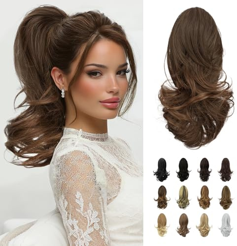 Sofeiyan Pferdeschwanz Haarteil,Haarteil mit Klammer,33 cm Zopf Extension | Langer lockiger Ponytail Extension,Synthetisches Pferdeschwanz-Extensions für Frauen,Mittelbraun / Hell Auburn Mix