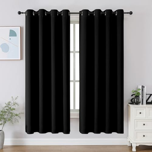 CUCRAF Black Blackout Curtains & Drapes Grommet Soundproof Curtains for Living Room/Bedroom 63 inch Long,Set of 2 Panels (52 x 63 Inch, Black)