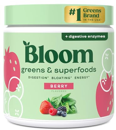 Bloom Nutrition Super Greens Powder Berry (30 Servings) Blends Probiotics, Digestive Enzymes, Spirulina, and Chlorella to Support Women’s Gut Health, Reduce Bloating, and Improve Digestion Naturally