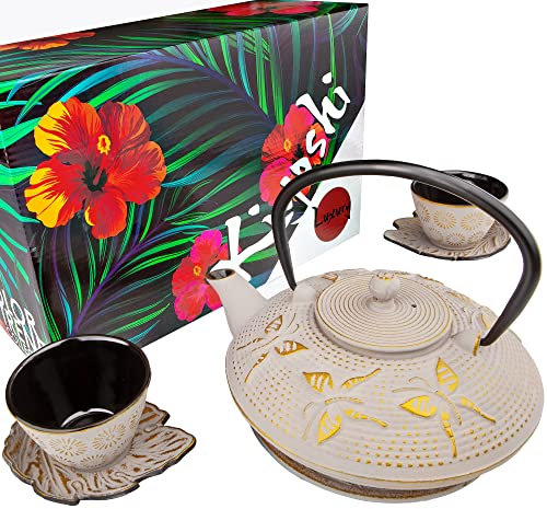 KIYOSHI Luxury Service à thé japonais 7 pièces « Couleur sable » en fonte avec 2 tasses à thé, 2 soucoupes, infuseur à thé en vrac et dessous-de-plat Accessoires de cérémonie pour matcha