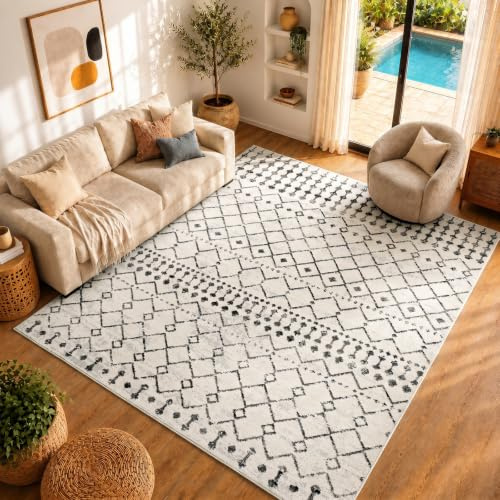 Livabliss Abu Dhabi Wohnzimmer Boho, groß 200x275 cm - Esszimmer mit geometrischem Muster, Skandinavischer Stil in Elfenbein, Grau