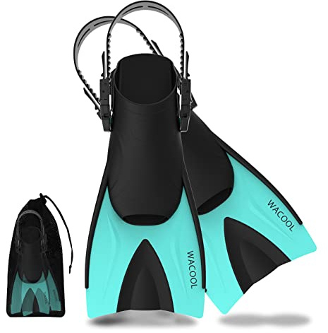 WACOOL Adult Short Light Adjustable Travel Size Fins Short Blade Fins Flippers for Snorkeling Diving Scuba Swimming Training (Malachite Green,S-M)