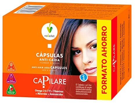 Novadiet - CAPILARE Cápsulas con Zinc, Selenio, Riboflavina, Biotina, Ayuda a la Caída del Cabello y Uñas, Mantiene la hidratación de Piel y Cabello - 120 Cápsulas - Formato Ahorro
