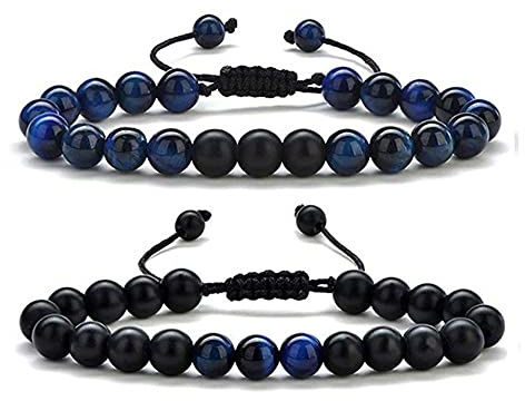 FFWTPY Bracelet Ajustable Pierre Naturelle Bleu Noir Tressé Cordon Perles Rondes Homme Femme Unisexe