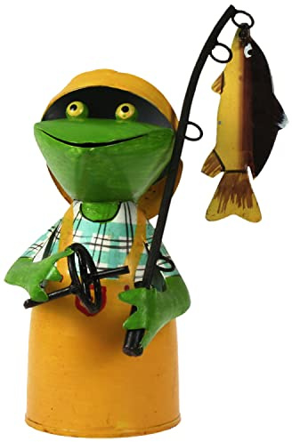 Zaunhocker Frosch Angler mit Fisch 21 cm gelb hellblau Figur aus Blech Metall Petri Jünger Fischer Angel Garten Deko Garten Balkon Dekofigur Pfostenhocker Froschkönig