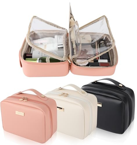 HERYEBING Makeup Bag, Large Capacity Travel Cosmetic Bags, PU Leather Waterproof Toiletry Bags for Women Portable Travel Make Up Bag with Handle and Divider Flat Lay Makeup Case (Pink)