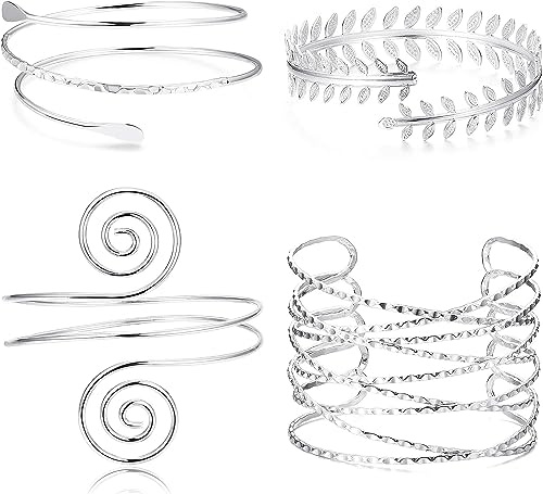 Diamday 4Pcs Bracelet Manchette pour Femme Réglable Bobine Haut de Bras Bracelet Lisse Ouvert Victorien Filigrane Swirl Boho Wrap Bracelet Spirale Feuille Minimalistes Manchette Brassard Bracelets