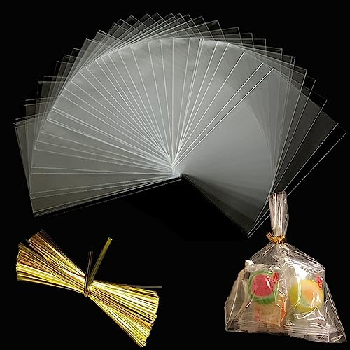 100 Stück Cellophantüten Klar groß 16x24cm Transparente Plätzchen Tüten Mit 100 Metallbändern Zellophantüten für Süßigkeiten Brot Keks Bäckerei Befüllte Plastik Tütche Party Kinder Geschenktüten