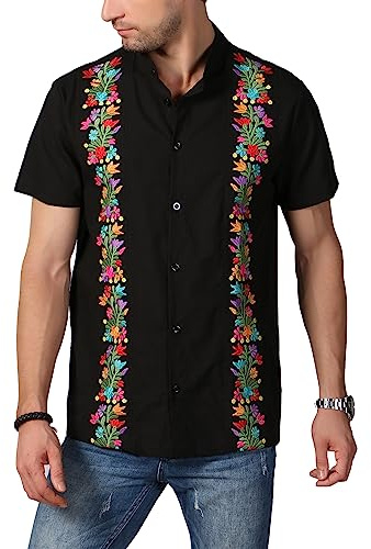 Camicie messicane da uomo tradizionali Guayabera camicie da uomo abbottonate camicia Fiesta, 72-nero, XL