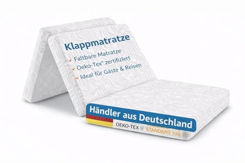 MARQA Klappmatratze 80x180x10 cm – 3-teilig faltbar, Gästematratze & Reisebett – Faltmatratze mit Schaumstoffkern & abnehmbarem Bezug – Atmungsaktiv & waschbar (Marineblau)