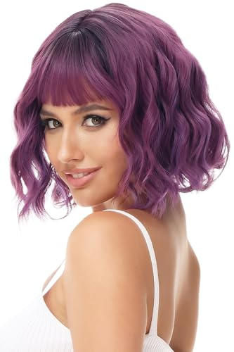 Luxiremi Perücke Violett Bob Kurze Lockig Perücken für Damen Cosplay | Ombré Spezielle Schulterlang gewellt synthetisches Haar mit Pony. Inkl. 1 Perückenhaarnetz für Frauen, Karneval Halloween