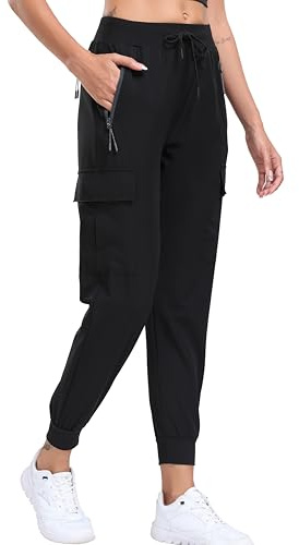 Oalka Women's Cargo Hiking Pants Lightweight Travel Pockets Joggers Quick Dry Black L