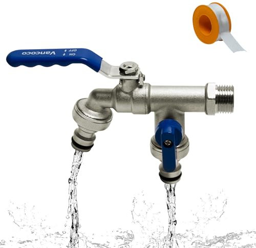 Vancoco Doppel Kugelhahn Wasserhahn Außen Garten 3/4 Zoll und 3/4 Zoll Anschluss 2 Schlauchanschlüssen & Dichtband Wasserhahn aussen für Außenwasserhahn Gartenregentonne & Bewässerungssystem