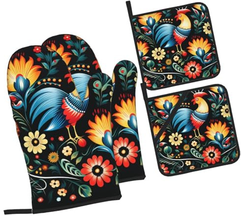 Ofenhandschuhe und Topflappen-Set, polnisches Volkskunst-Muster, Küche, Ofenhandschuh, rutschfest, hitzebeständig, 500 Grad lang, Ofenhandschuhe und Topflappen zum Kochen, Backen, Grillen, Grillen,