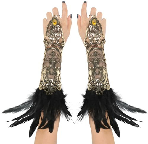 Aurasky Spitzenhandschuhe Federn Gold, Lange Handschuhe Damen Spitze, Handschuhe 20er Jahre mit Federn, Fingerlose Handschuhe Karneval, für Hochzeit Halloween Fasching Cosplay Party