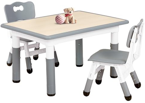 Funlio Barnrumsbord och stolsuppsättningar, höjdjusterbara för barn i åldern 3–8 år, lätt avtorkningsbart konstbord, för inomhus- och utomhusbruk, CPC-testad (3 delar) – rektangulär grå