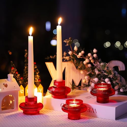 6 Stück Rote Kerzenständer, Kerzenhalter Glas für Weihnachtsdekorationen | Vohocandle Wendbare Rote Teelichthalter aus Glas für Valentinstag, Neujahr, Outdoor-Aktivitäten (8 cm B × 6 cm H)