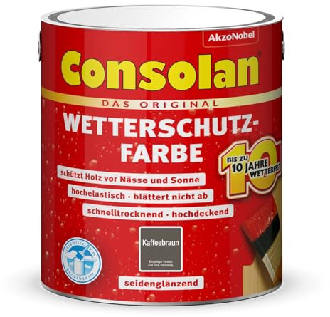 Consolan Wetterschutzfarbe, Deckender Holzschutz für Außen, Kaffeebraun, 2,5L