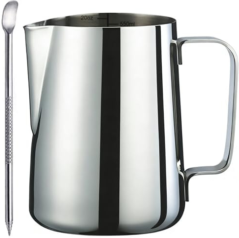 SVNR Milk Frother Jug - 600ml/20oz Stainless Steel Milk Frothing Jug, Milk Jug for Coffee Machine, Barista Accessories for Making Cappuccino Latte Frothy Milk - Sleek Silver Design