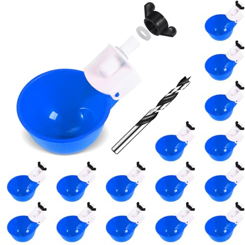 Psarnuk Chicken Waterer Cups (16 Pack) with 3/8 Drill Bit - Blue