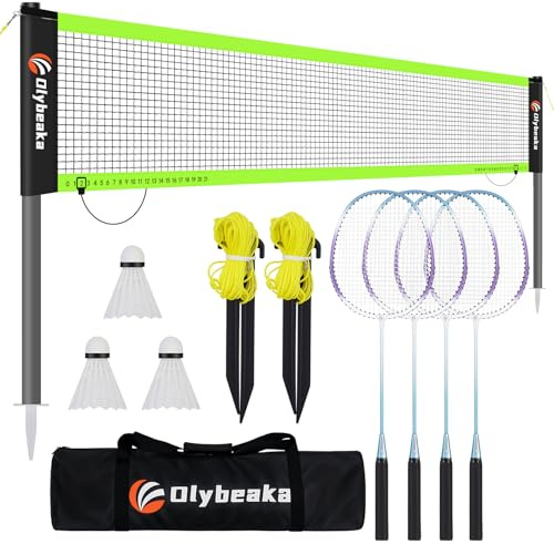 20ft Portable Outdoor Badminton Net Set for Driveway Backyard, Beach, Park with Durable Anti-Sag PE Net, Heavy Duty Steel Poles, 4 Badminton Rackets, 3 Shuttlecocks and 600D Carry Bag
