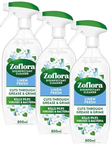 Zoflora Linen Fresh Multipurpose Disinfectant Spray, Antibacterial Multi-surface Cleaner, Pet-Friendly, Kills 99,9% of Bacteria & Viruses, 1 x 800ml (Pack of 3)
