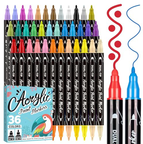APOGO Acrylic Paint Pens, 36 Dual Tip Acrylic Markers (Fine & dot markers) for Pumpkin Painting, Halloween Decorations, Rock Painting, Crafts for Kids Adults