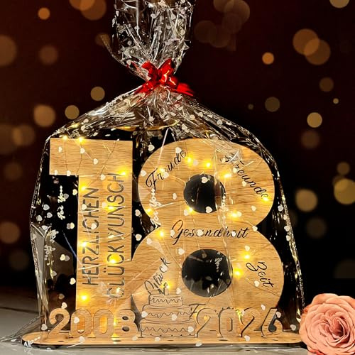 YUNLI Holz-Schild Gästebuch, 18 Geburtstag Frauen & Männer, Geburtstag Jubiläum mit LED Lichterkette und Cellophantüten, 2026 Holzschild Gästebuch Geburtstag, Geburtstagszahlen 18 Jahre Tischdeko