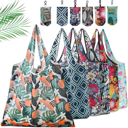 Aieino Foldable Shopping Bags 6PCS Reusable Folding in a Pouch Strong Large | Eco, Folding, Water-resistant, Washable, Grocery Bags, Shopping Tote, Heavy Duty for Daily, Outdoor, Picnic Loading (Flower)