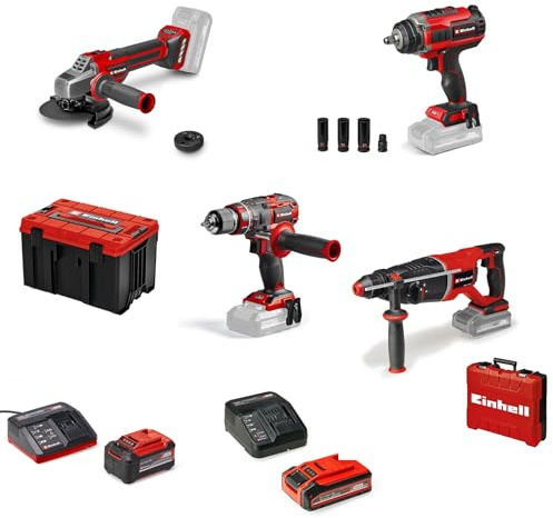 Einhell Professional-Werkzeug-Set Power X-Change (18 V, inkl. Akku-Schlagbohrschrauber, Akku-Winkelschleifer, Akku-Bohrhammer, Akku-Schlagschrauber, 4,0 Ah PLUS & 5,2 Ah Akku, Ladegerät, E-Case)