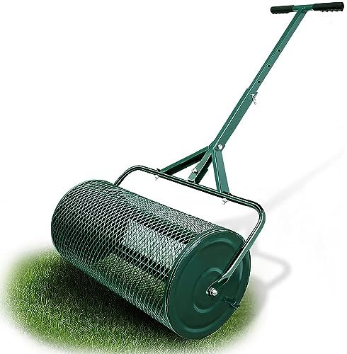 Esparcidor de abono de 24 pulgadas, esparcidor de turba con mango mejorado en forma de T para plantar y sembrar, esparcidor de malla metálica ligero y duradero para el cuidado del césped y el jardín