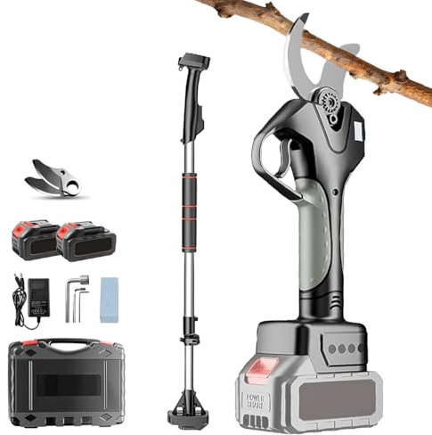 Tagliasiepi Elettrica con Display LCD, Asta Estensibile 210 cm, Diametro di Taglio 45mm, Lame SK5, Autonomia 8-12H, Forbici Leggero per Rami, Cespi, Giardini (2 Batterie & Valigia Incluse)