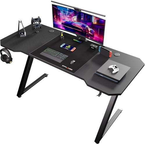 GTPLAYER Gaming Tisch, Gaming Schreibtisch 120 x 60cm, PC Tisch Gamer Tisch mit Kohlefaseroberfläche, Stabiler Computertisch mit Kopfhörerhaken