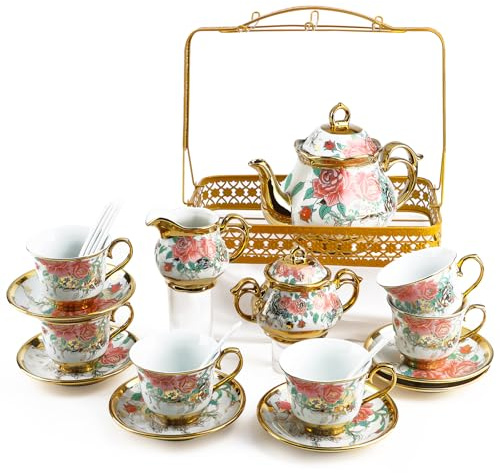 Tea Set with Teapot, 22 Pcs Vintage Porcelain Afternoon Tea Set, Tea Cup Set with Metal Holder and Saucer, European Ceramic Coffee Cup Set Serving 6 People, for Women Tea Party Wedding