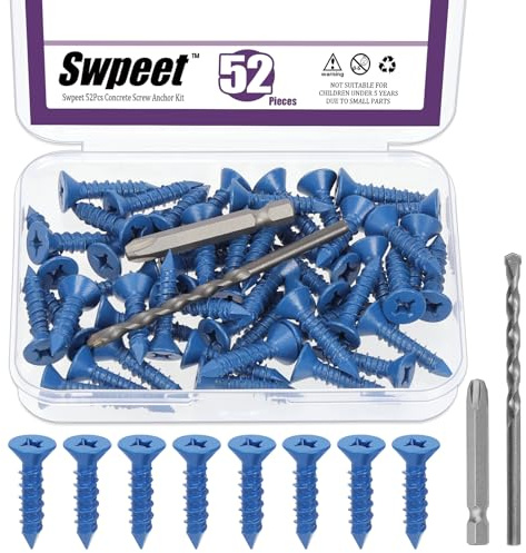 Swpeet 52 piezas - Kit variado de tornillos de anclaje de concreto de cabeza plana de 1/4 x 1-1/4 con broca de destornillador y broca de perforación, tornillos de concreto autorroscantes para