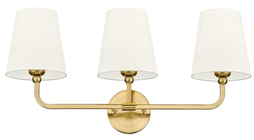 METWET Bathroom Light Fixtures, Brushed Gold Vanity Lights with Beige Fabric Shade, 3-Light Wall Sconce, Modern Sconces Wall Lighting for Hallway Bedroom, VL837-BG-B-3