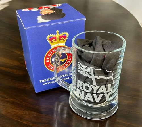 The Regimental Store Royal Navy Glass Beer Tankard with Engraved RN White Ensign Logo.
