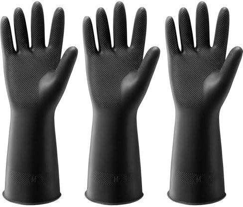ThxToms 3 Pairs Dishwashing Cleaning Gloves, Reusable Dishwashing latex Gloves for Kitchen & Bathroom Cleaning,Non-Slip,Smooth Comfortable Lining,Black(Medium) M