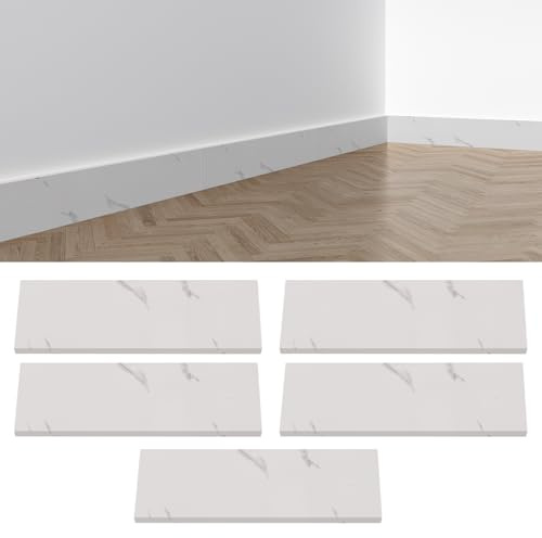 Lot de 5 plinthes autocollantes en MDF avec film - Plinthes étanches pour cuisine, salle de bain (blanc marbré)