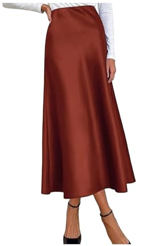 2025 – Jupe élégante taille haute en satin solide pour femme, jupe élégante à taille élastique, jupe deux pièces, tenue longue pour femme, marron, L