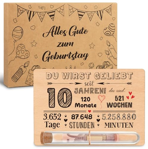 Giftota 10 Geburtstag Geldgeschenke Holz mit Reagenzglas Juteschnur Holzkarte Geschenkbox - 10 Geburtstag Geschenk Mädchen Jungen