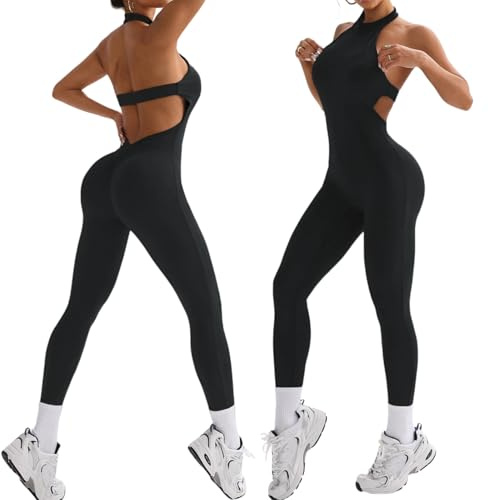 XDSP Overall i ett stycke för kvinnor sport dam sömlös jumpsuit sexig bodysuit smal passform rygglös elastisk elegant body overall onesies onesie sportkläder gym fitness yoga, svart 1, S