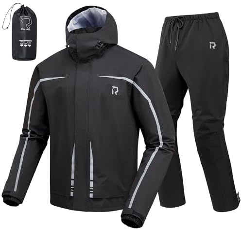 RIDEIRON Combinaison de Pluie pour Moto,Veste imperméable Homme Ensemble,Imperméable Respirante Réfléchissante Légère Coupe-Vent Outdoor pour Cyclistes,Noir,XL