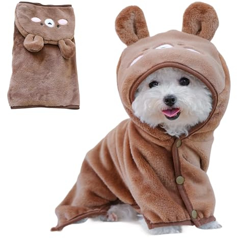 Gleegain Dog Bathrobe with Hood Super Absorbent Soft Quick Drying Towel Wrap Adjustable Puppy Cat Bath Robe Towel for Cold Weather Beach Pool (Dark Brown Bear, Medium)