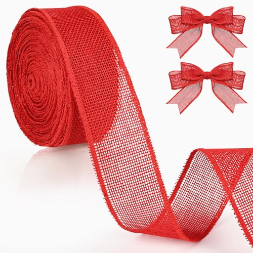 4CM Juteband mit Draht, Vintage Geschenkband Rot Breit, 10M Schleifenband zum Basteln Weihnachtsband Sackleinen Band Jute Dekoband für Weihnachtskranz, Hochzeitdeko, Geschenkverpackung